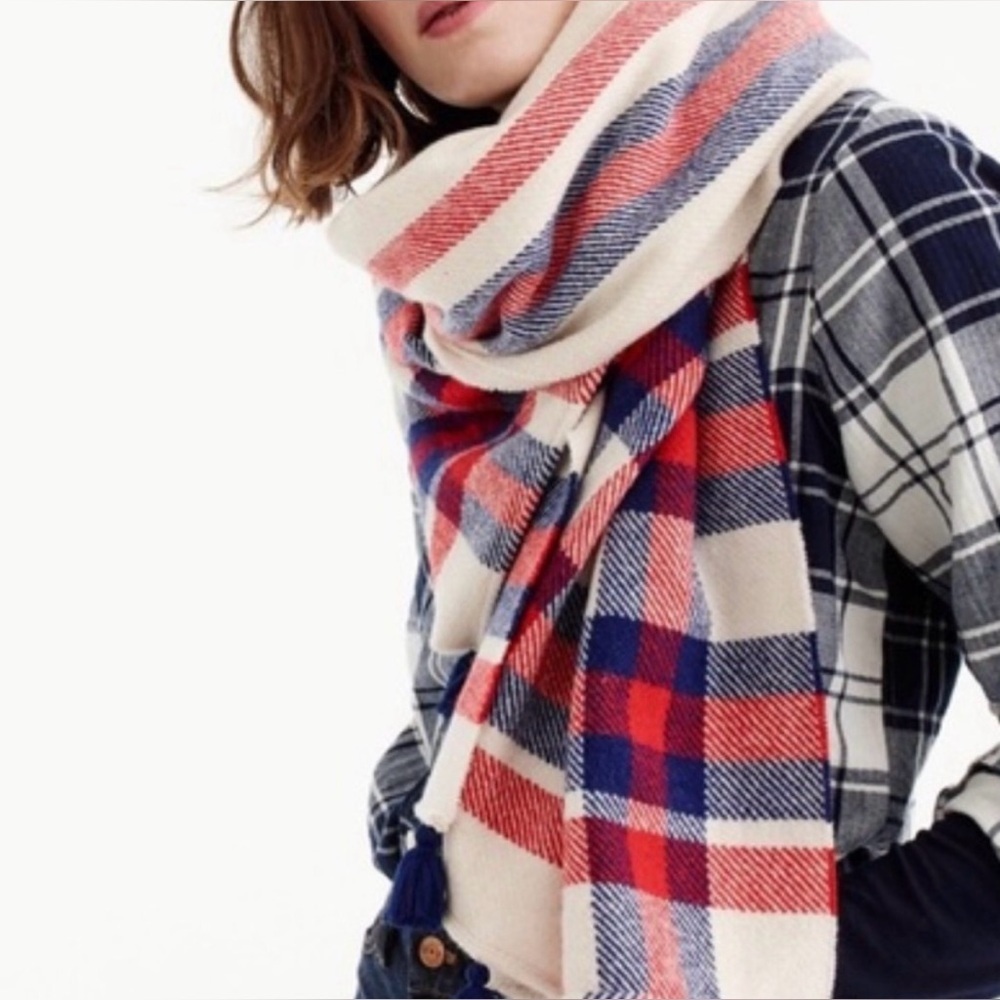 J. Crew Oversized Plaid Wool Blend Scarf in Red/Blue